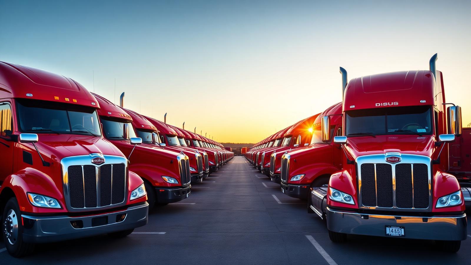 Fleet of red Pac 9 semi trucks at the yard